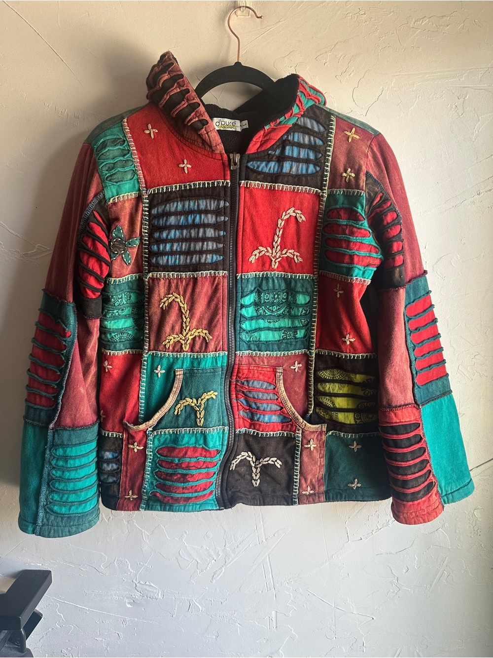 d’pure Patchwork Hoodie Jacket Boho Hippie Grunge Festival Artwear Zip Up Size L